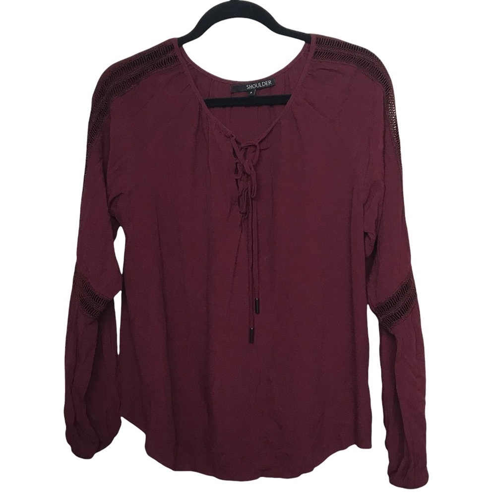 Shoulder Red Burgundy Long Sleeve Lace Up Blouse